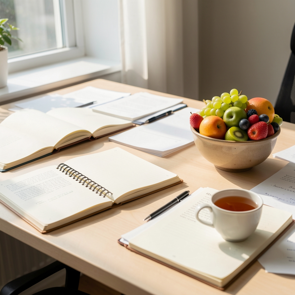 Open notebook with handwritten food journal entries lying next to a glass of water and a small bunch of fresh herbs on a wooden desk in soft window light